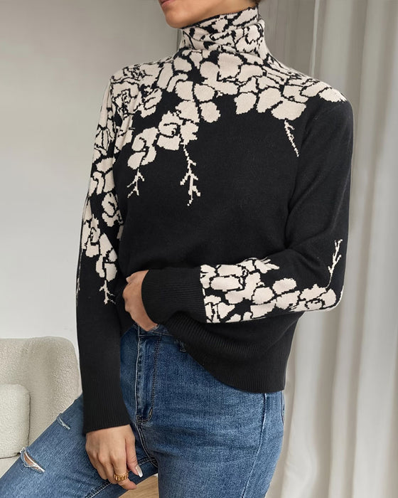 Pullover Hög Hals Blommig Jacquard