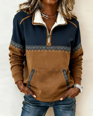 Retro Hoodie Med Färgblockning Och Pälskrage