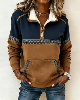 Retro Hoodie Med Färgblockning Och Pälskrage