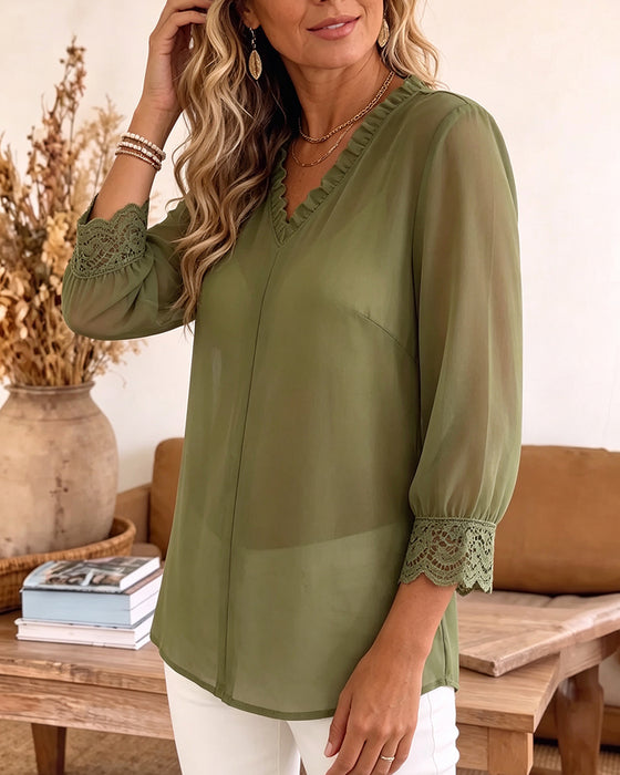 Blus V-Hals Ruffle Spets Patchwork