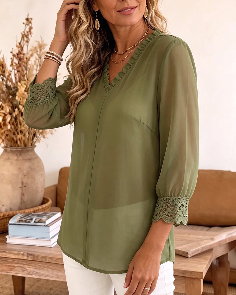 Blus V-Hals Ruffle Spets Patchwork