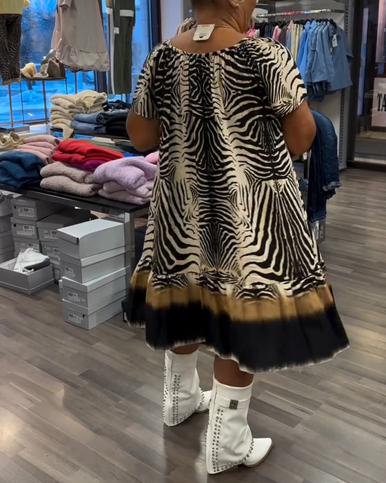 Klänning Lös Rund Hals Kort Ärm Tryckt