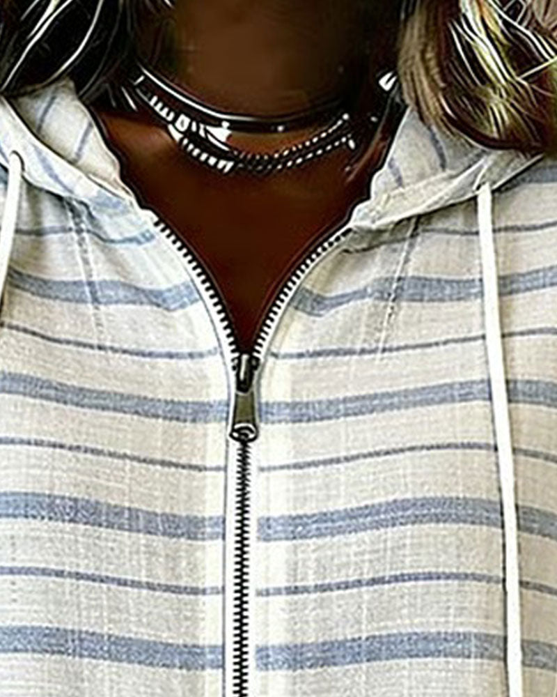 Topp Randig Hoodie Dragkedja Kort Ärm