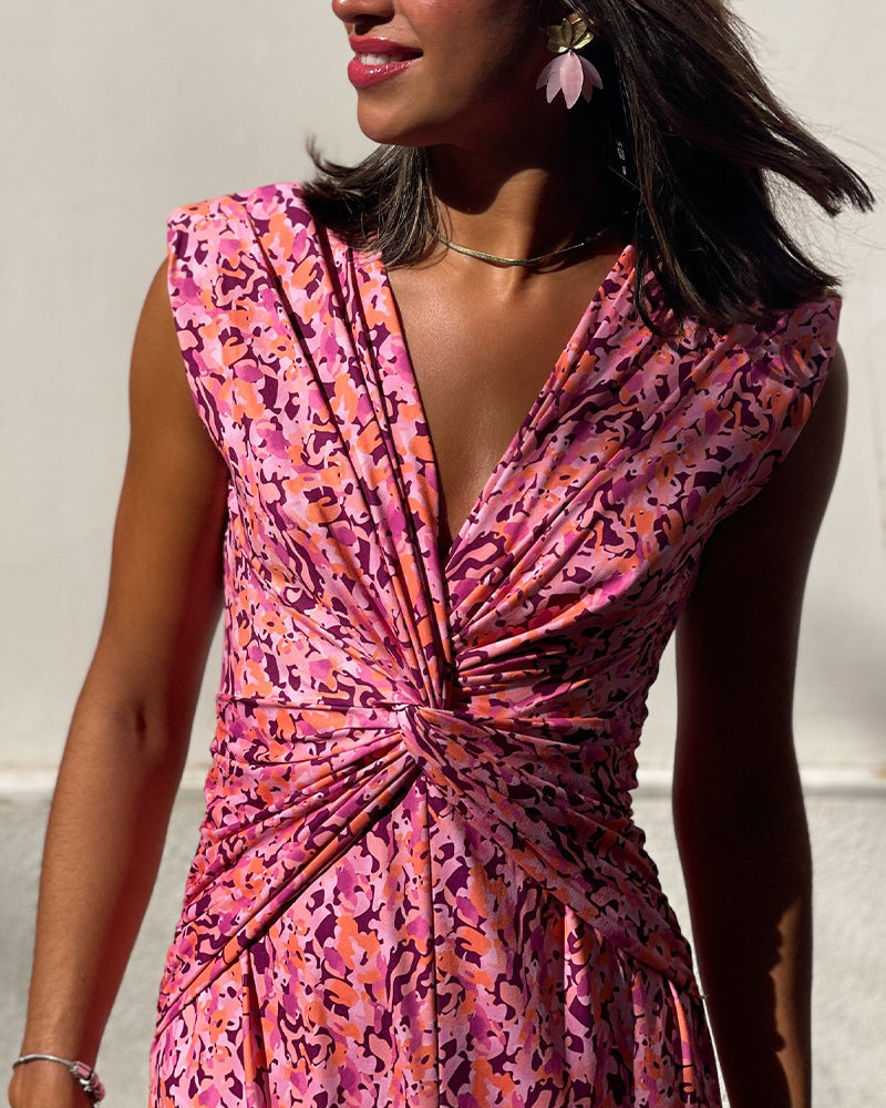 Klänning V-Ringning Vridknut Slits Print