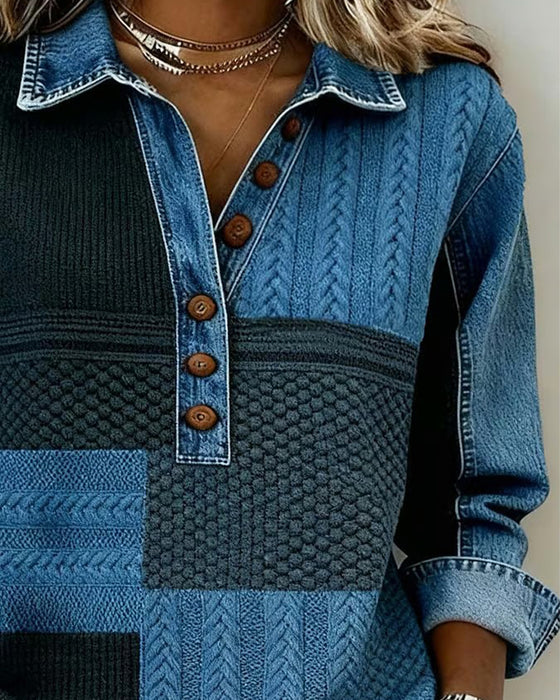 Tryckt Sweatshirt Med Långa Ärmar Och Knappskjortkrage