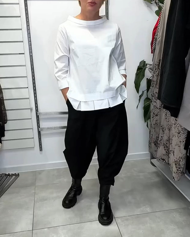 100% Bomull  Blus Vid Krage Enfärgad Casual