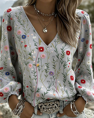 Blus Blommigt Tryck Bubbla Ärm V-Hals