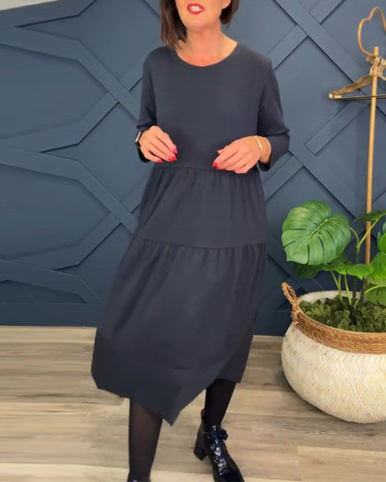 Casual enfärgad patchworkklänning med rund hals