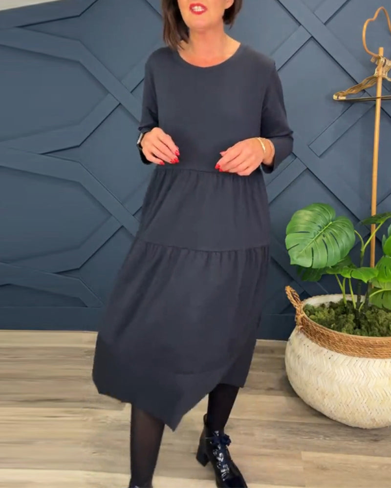 Casual enfärgad patchworkklänning med rund hals