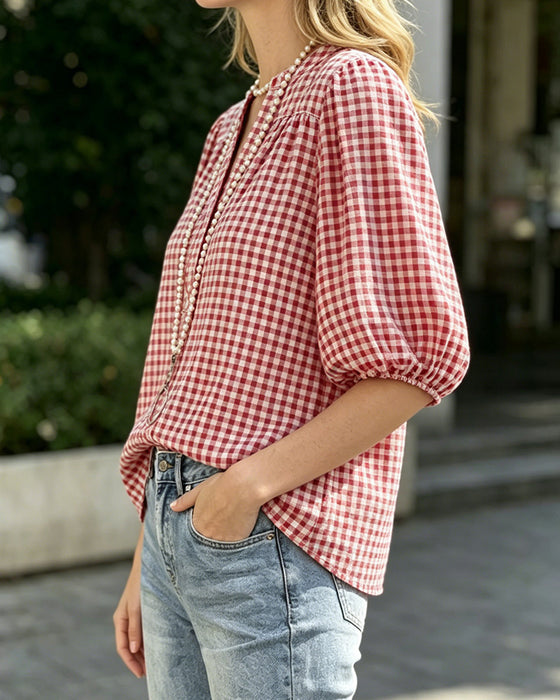 Blus Rutigt Print Puffärm Kortärmad