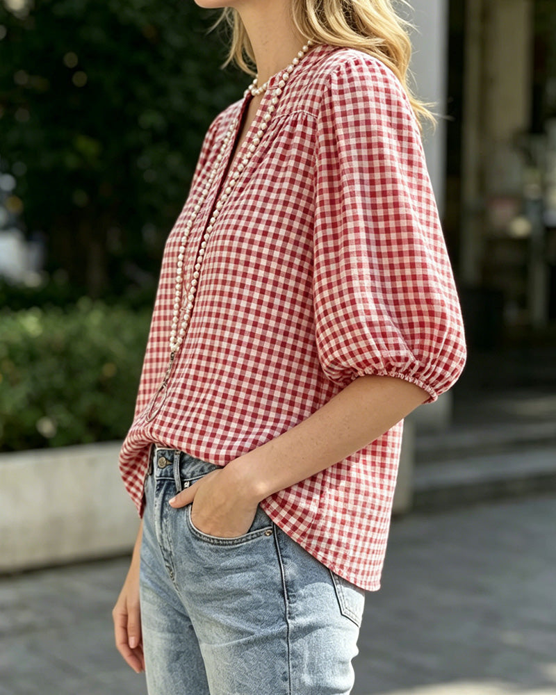 Blus Rutigt Print Puffärm Kortärmad