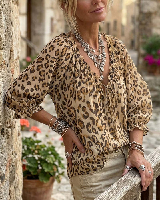 Blus Leopardtryck V-Hals Puffärm Snörning