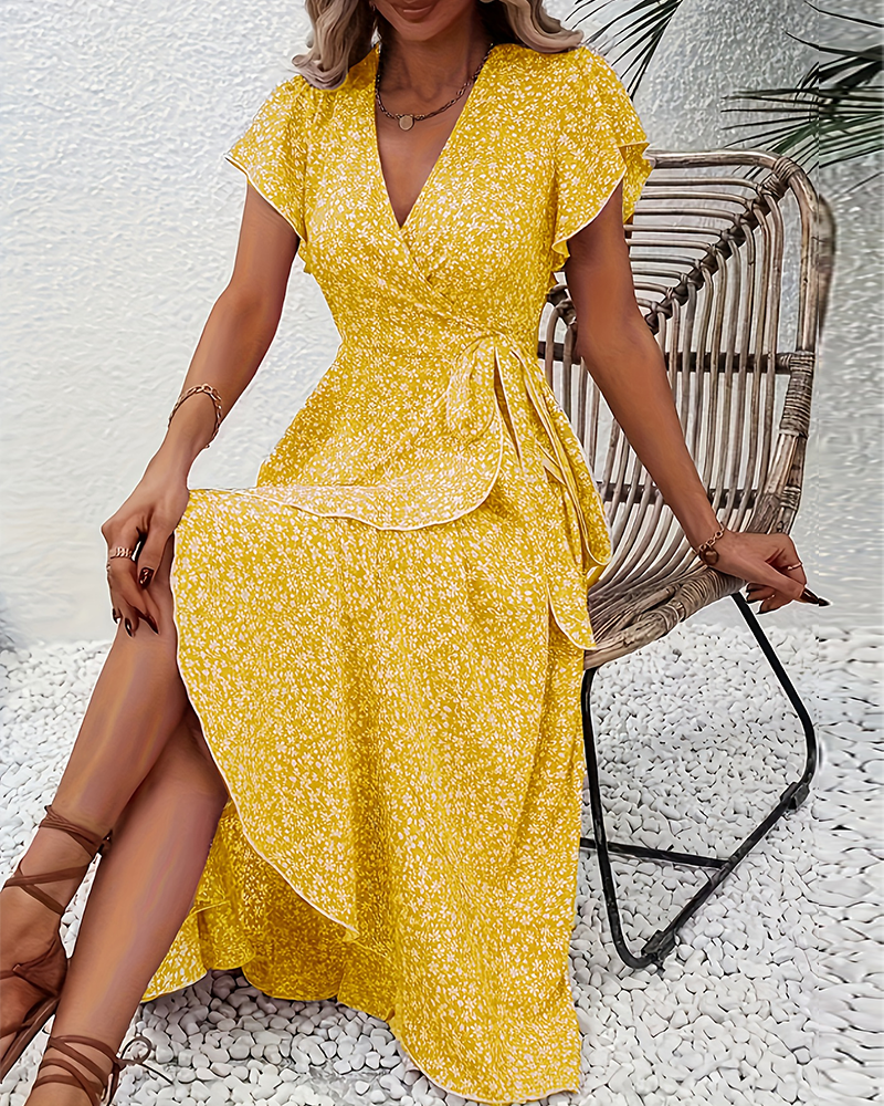 Klänning Liten Blommig Knäppning Fram Semester