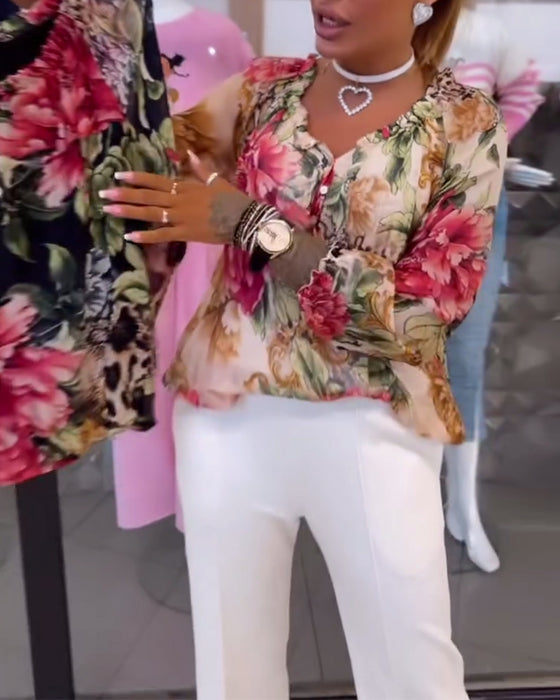 Blus Med V-Ringad Blommönster