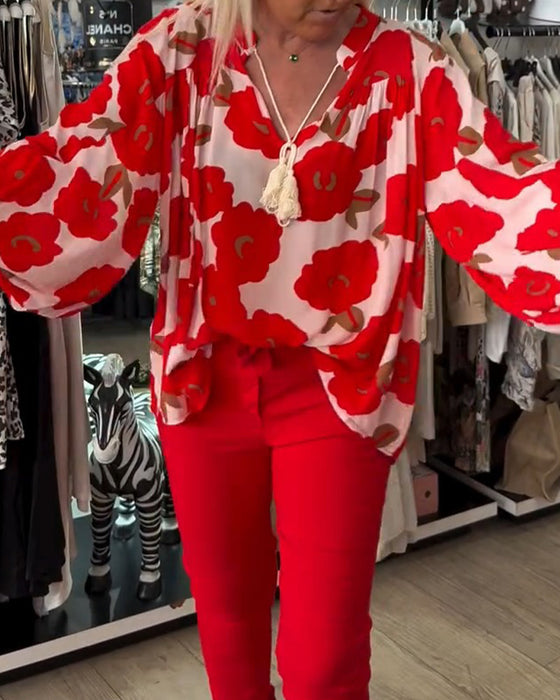 Blus Stor Blommig Knytning V-Hals