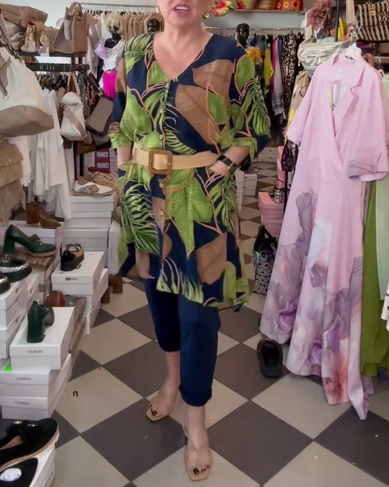 Lös Klänning Med Lövtryck Och V-Ringning