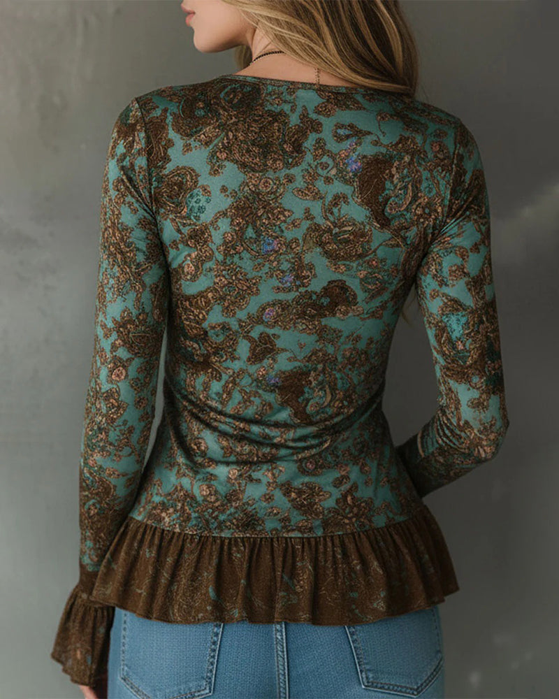 Blus Samlad Rysch V-Ringning Långärmad