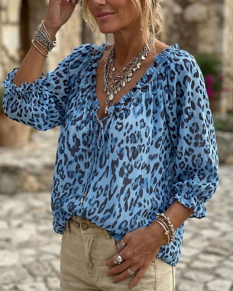 Blus Leopardtryck V-Hals Puffärm Snörning
