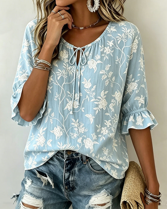 Blus Knytning Ruffle Tryck