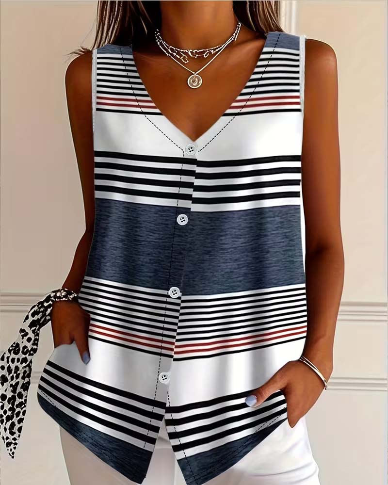 Linne Randig Ärmlös V-Hals
