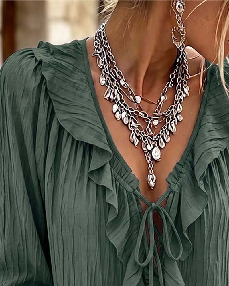 Blus Ruffle Trim Snörning Lång Ärm