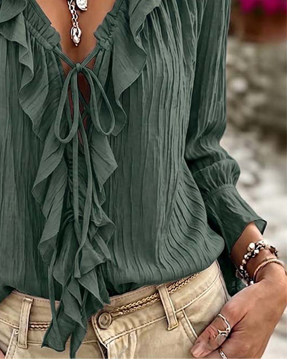 Blus Ruffle Trim Snörning Lång Ärm