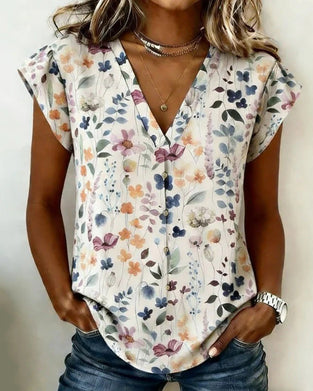 Blus Akvarell Blommigt Print V-Ringning Fladdermusärm