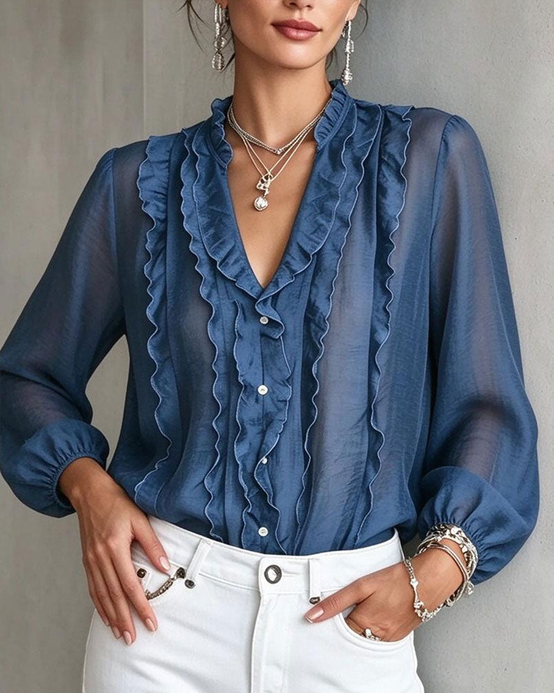 Blus V-Hals Knapp Ruffle