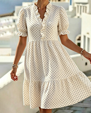 Klädning V-Hals Spets Trim Polka Dot