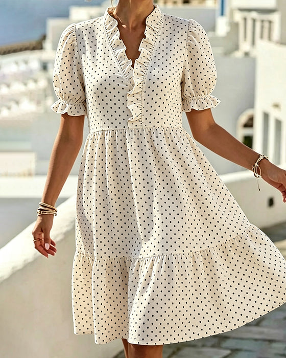 Klädning V-Hals Spets Trim Polka Dot