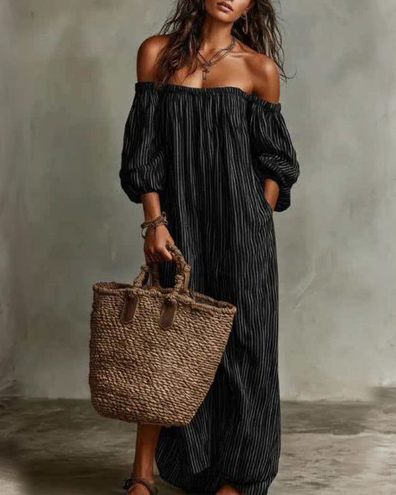 Klänning Löst Off-Shoulder Randig
