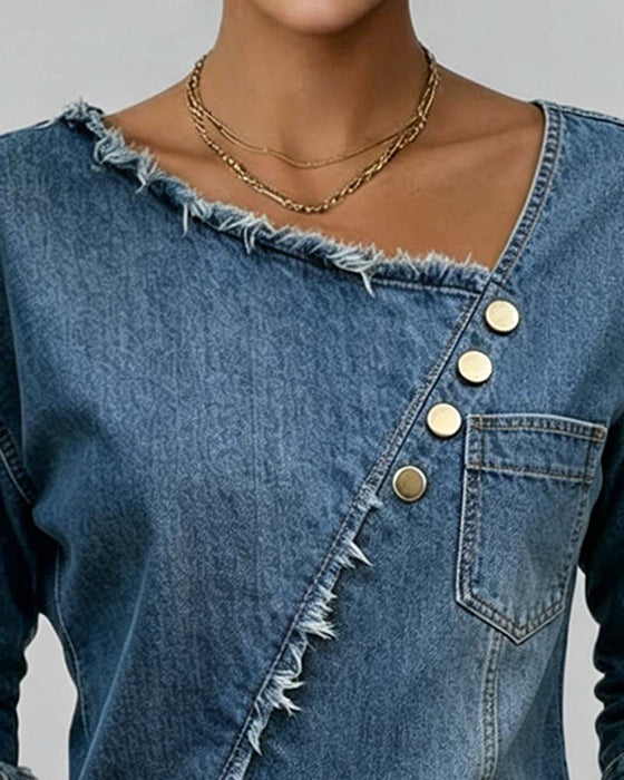 Blus Jeans Lutande Krage Långärmad