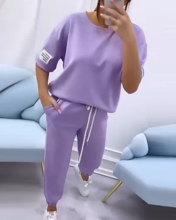 Set Rund Hals Halv Ärm Sweatshirt