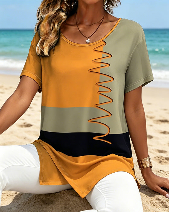 T-Shirt Färgblock Oregelbunden Kort Ärm