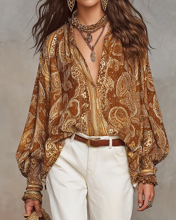 Blus V-Hals Tryck Casual