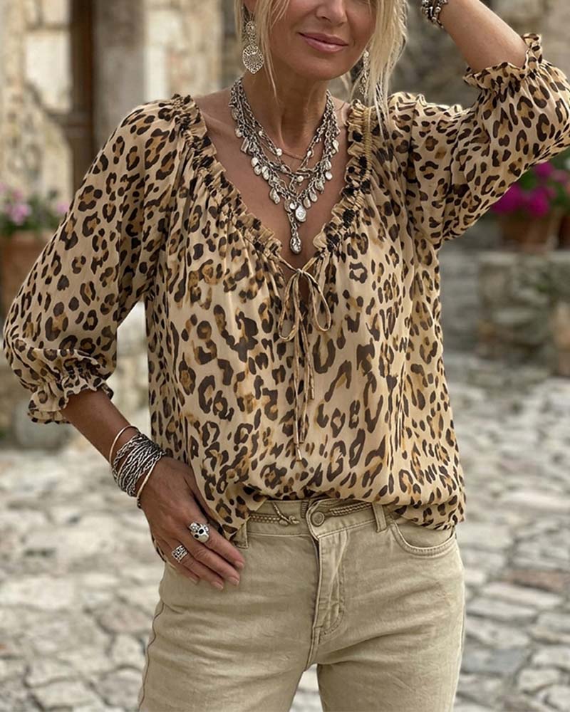 Blus Leopardtryck V-Hals Puffärm Snörning