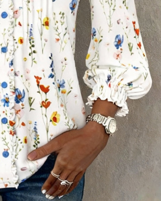 Stilfull Skjorta Med V-Ringning Och Blomstertryck