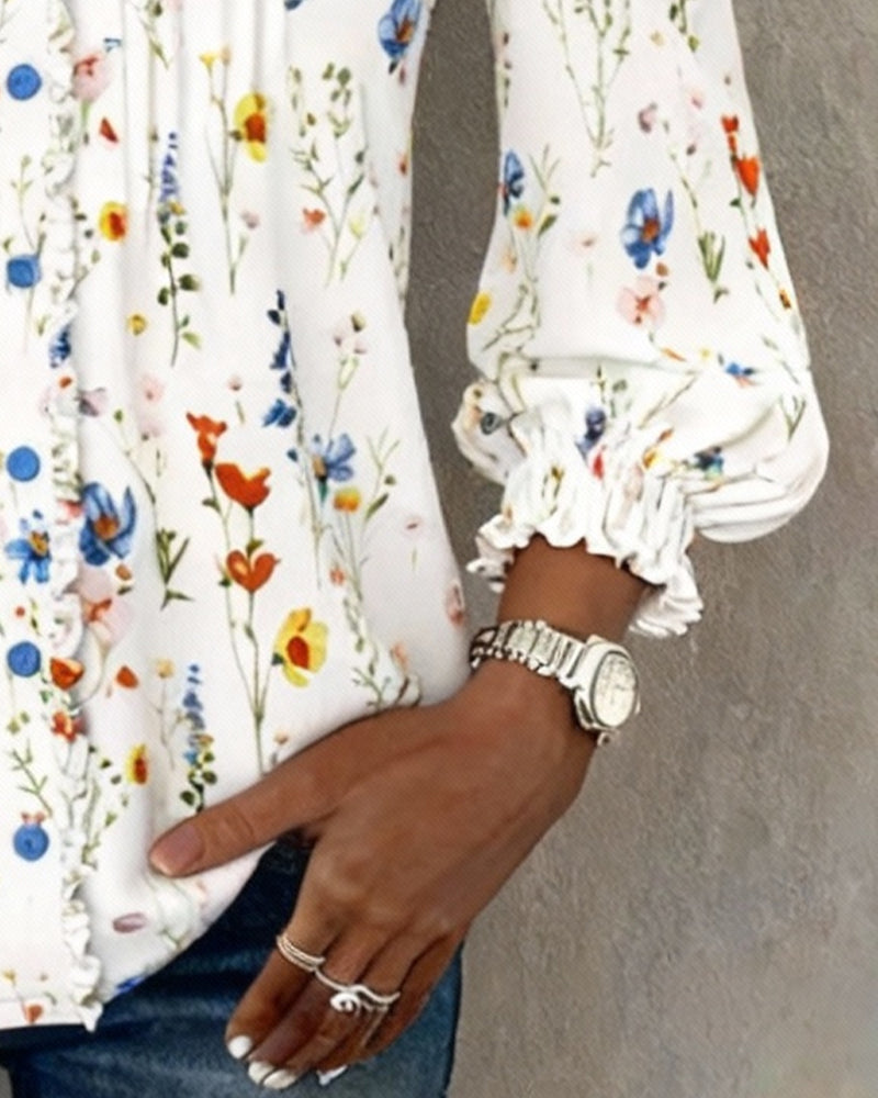 Stilfull Skjorta Med V-Ringning Och Blomstertryck