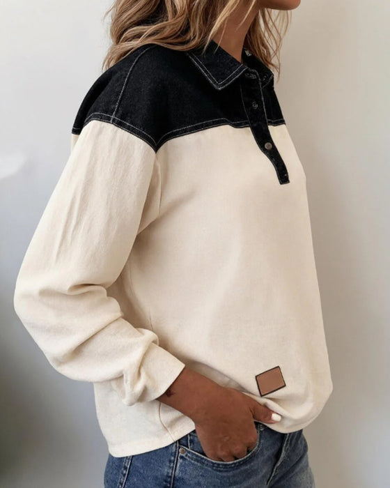 Blus med avslappnad slag i denim och patchwork