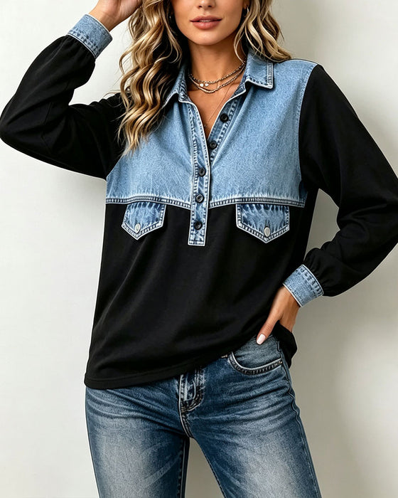 Sweatshirt Skjortkrage Ficka Patchwork