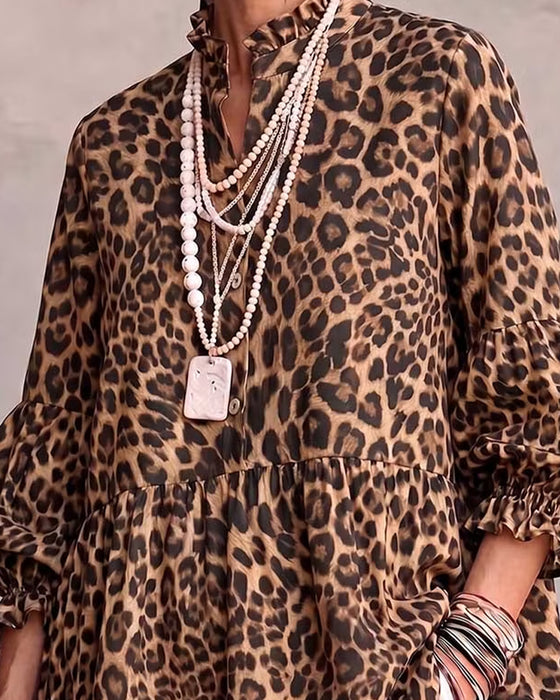 Topp Leopard Tryck Rynkning Trim Knapp