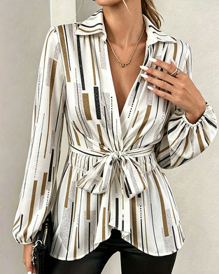 Blus Geometrisk Rand Knip Midja Dragsko