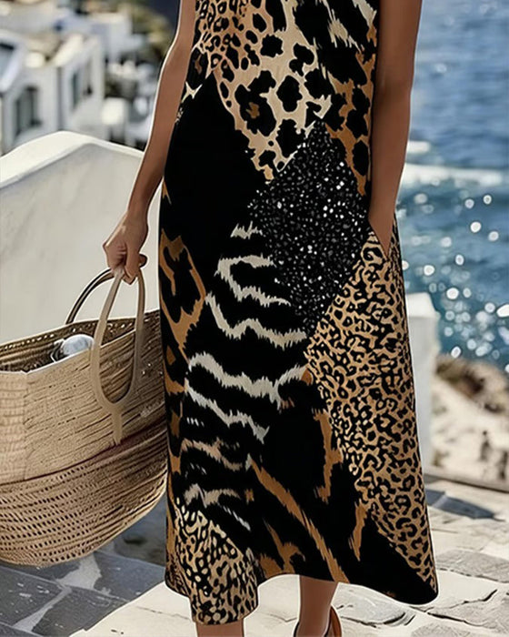 Klänning Lapptäcks Leopard Tryck Ärmlös Lång