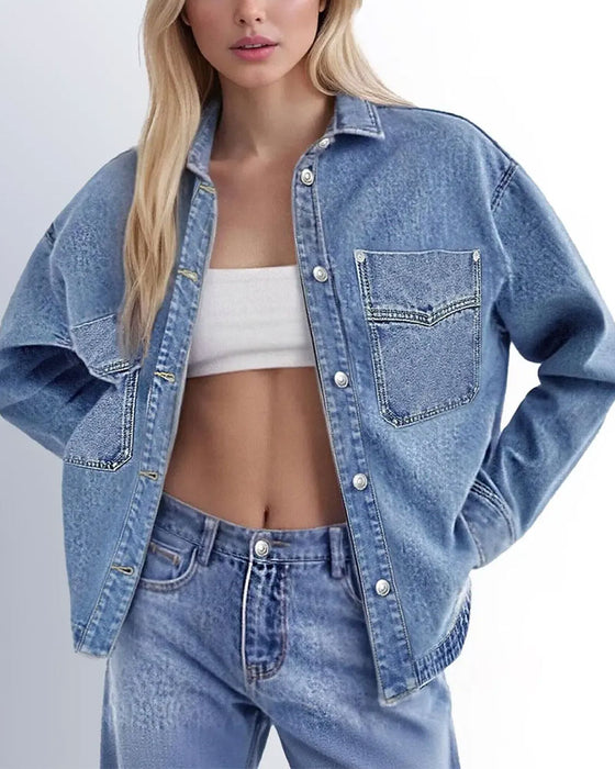 Skjorta Slag Knapp Lång Ärm Denim