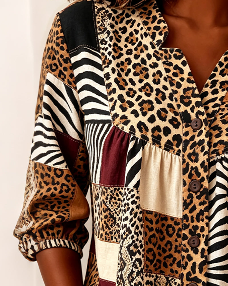 Blus Leopard Färgblock V-Hals