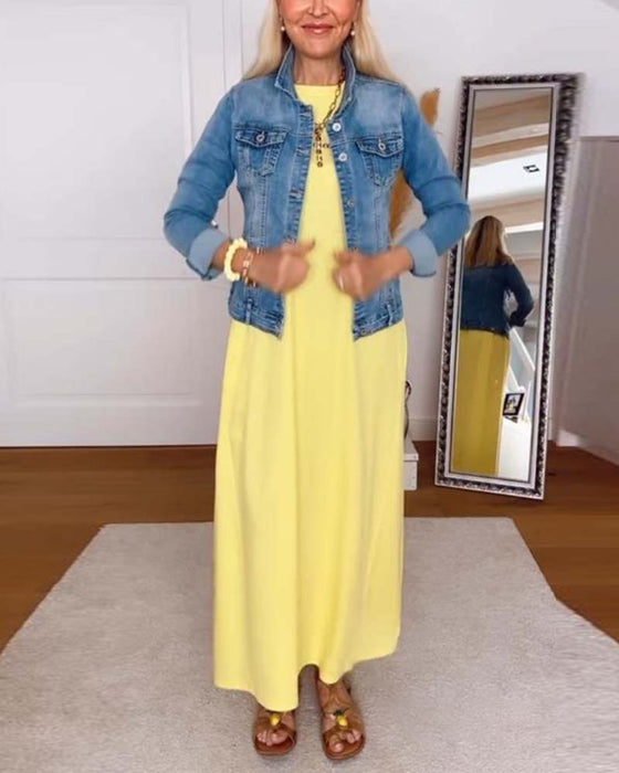 Klänning Casual Rund Halsringning Enfärgad Rät