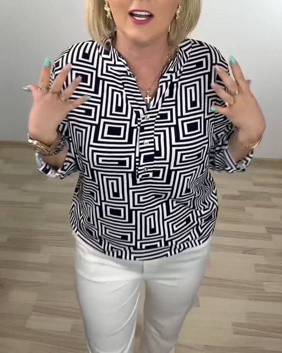 Skjorta Geometrisk Halv-Öppen Krage Tredje-Kvart Ärm