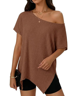 T-Shirt Oregelbunden Off-Shoulder Kort Ärm Ribbad