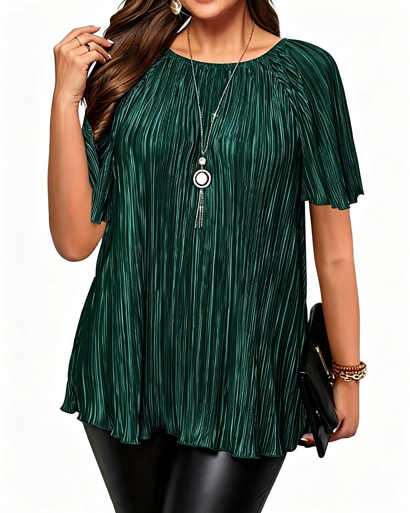 T-Shirt Plus Size Solid Veckad Kort Ärm