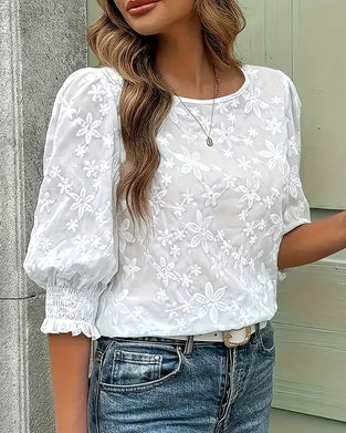 Blus Rundhals Puffärm Tredimensionell Blommig